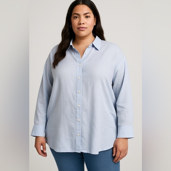 NWT ZARA Linen Tie Waist Button Blouse Blue Size L Oversized Fit - Picture 1 of 14